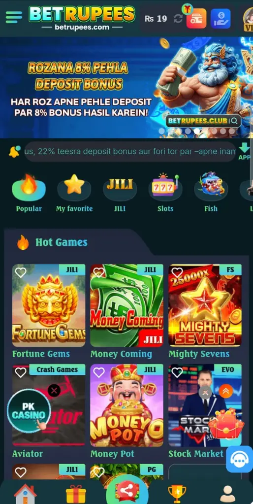 BetRupees app homepage with game categories