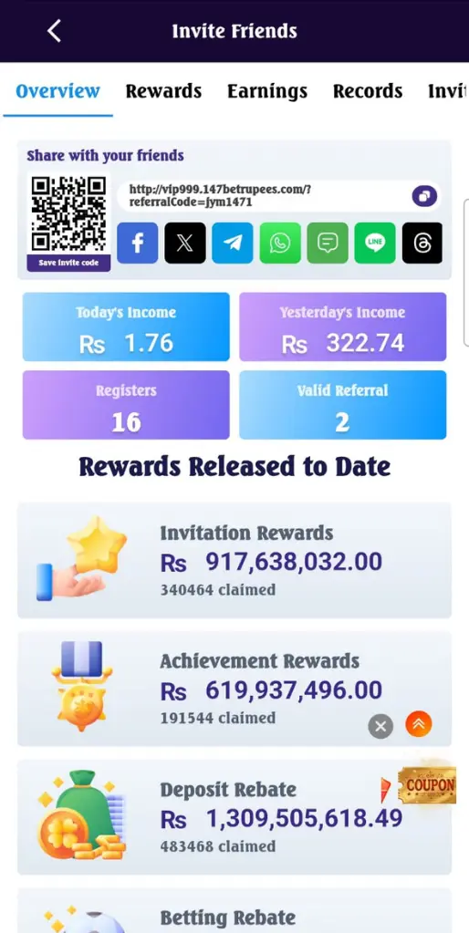 BetRupees referral earning overview screen
