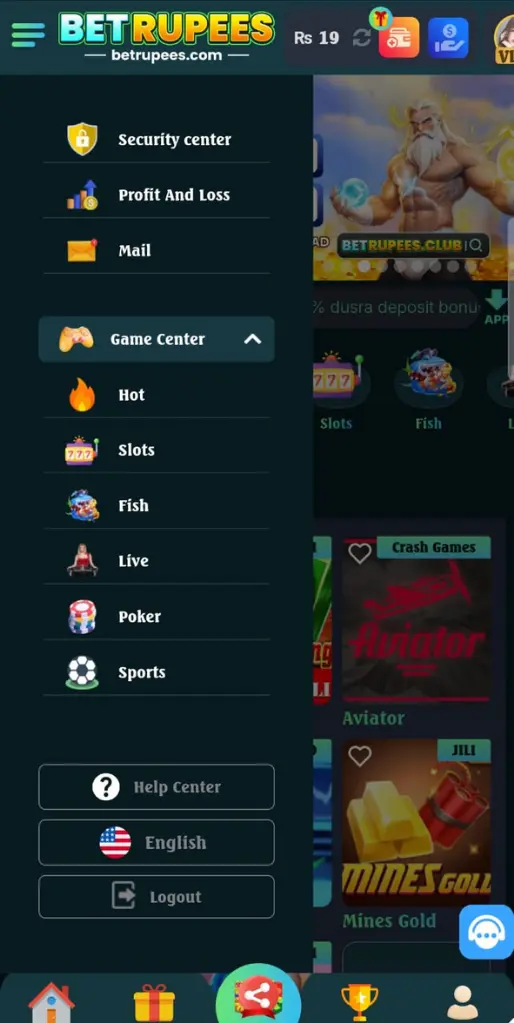 BetRupees game center navigation menu