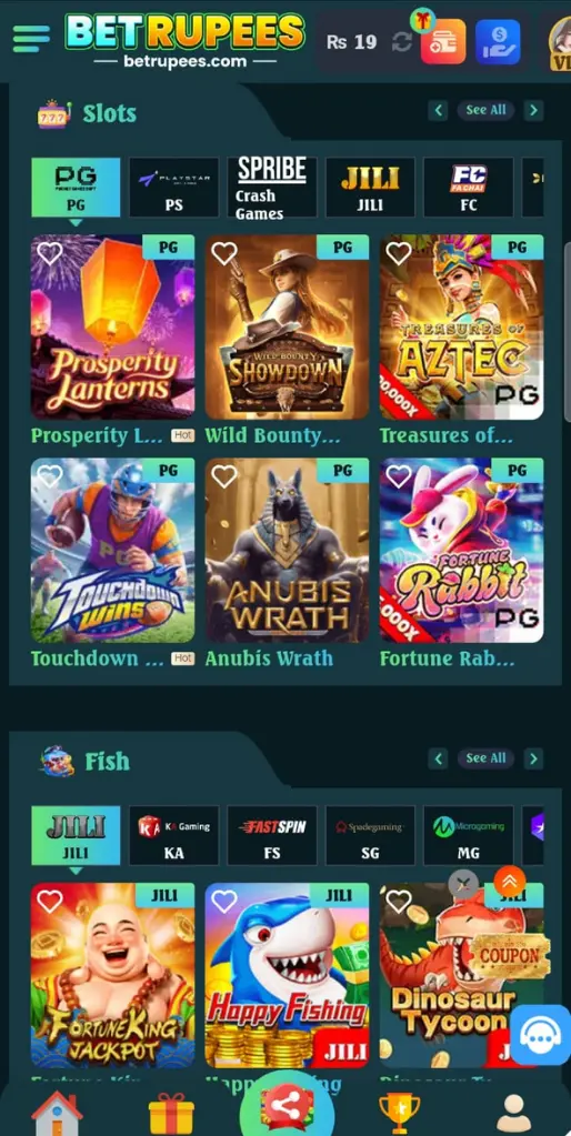 BetRupees slots and fishing games screen
